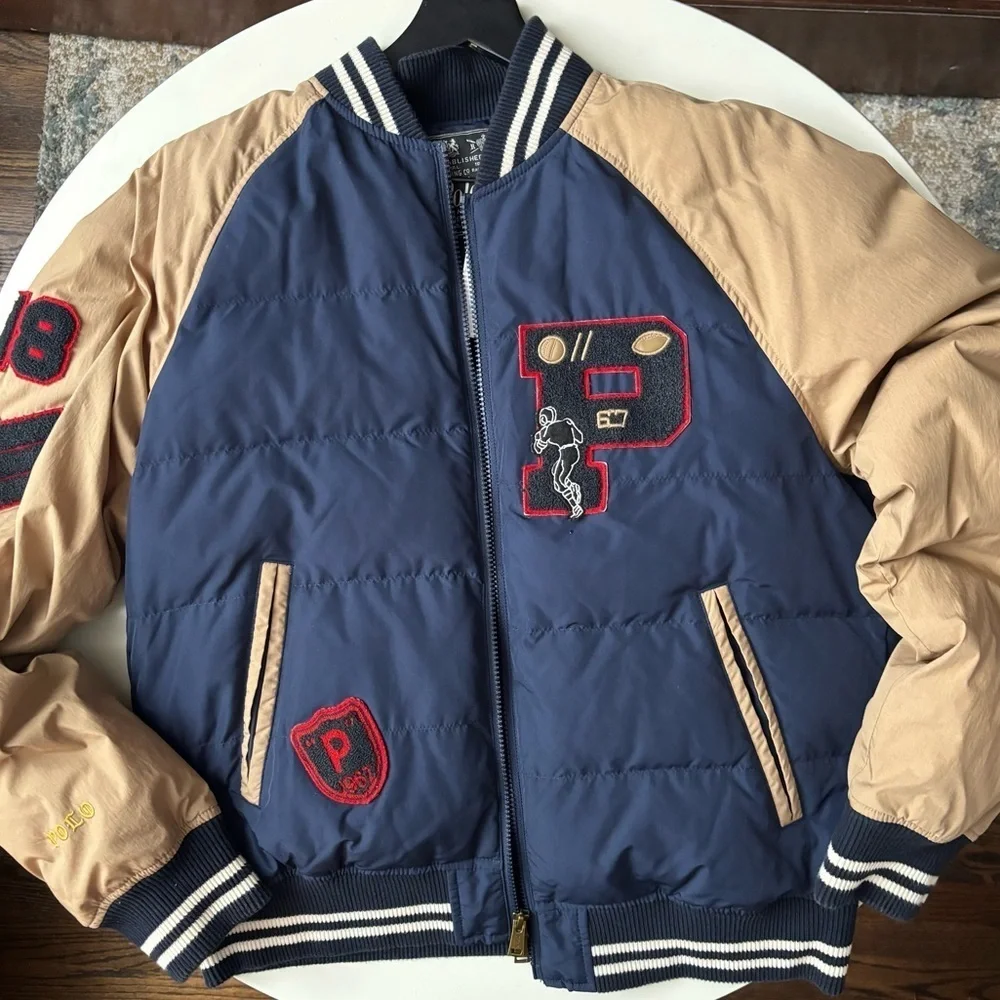 Polo Ralph Lauren Varsity Duck Down Puffer Bomber Jacket Size Medium Navy Blue